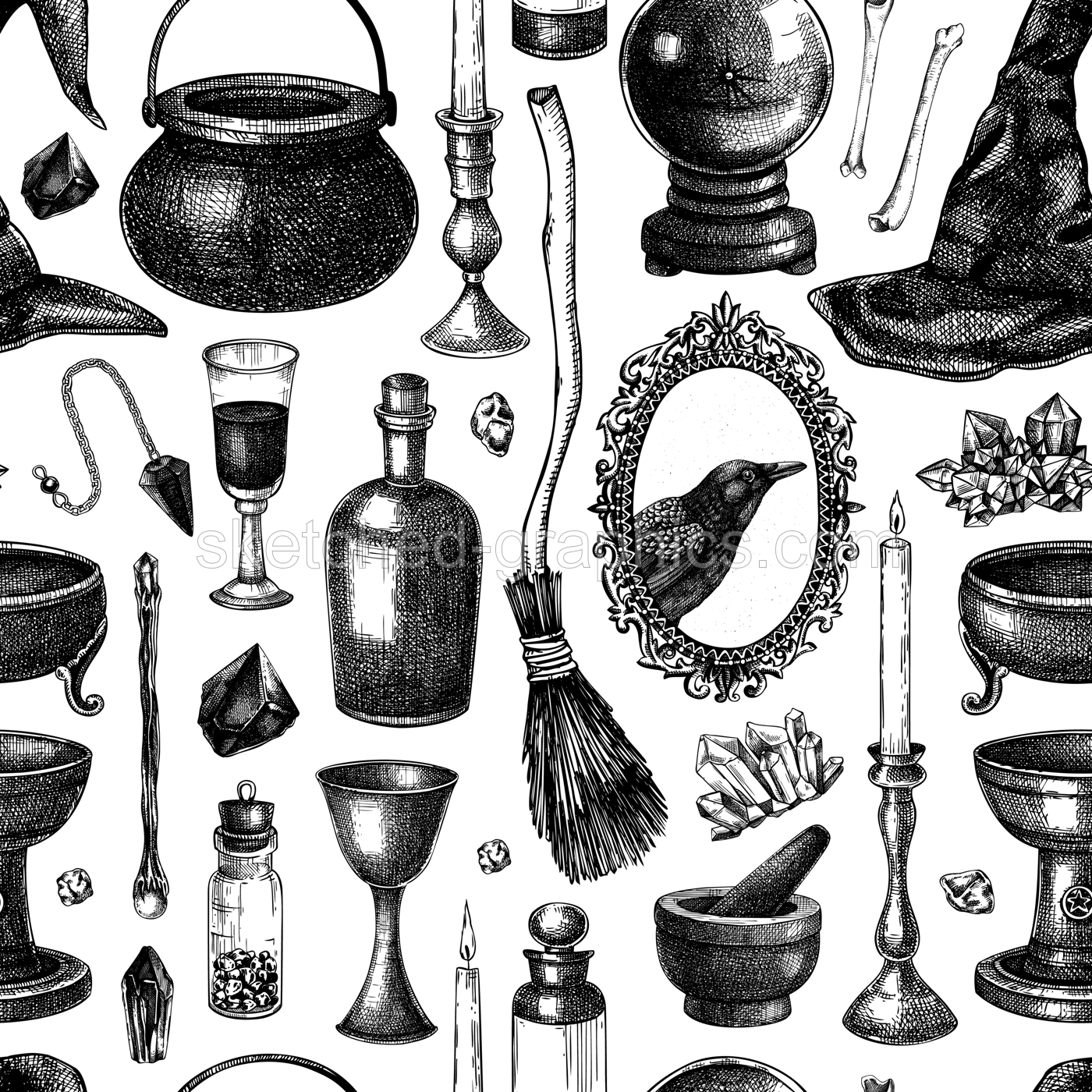 Bohemian style witchcraft background. Vinatge Halloween sketches. Hand-drawn vector illustration. Witchcraft seamless pattern. NOT AI generated Illustration